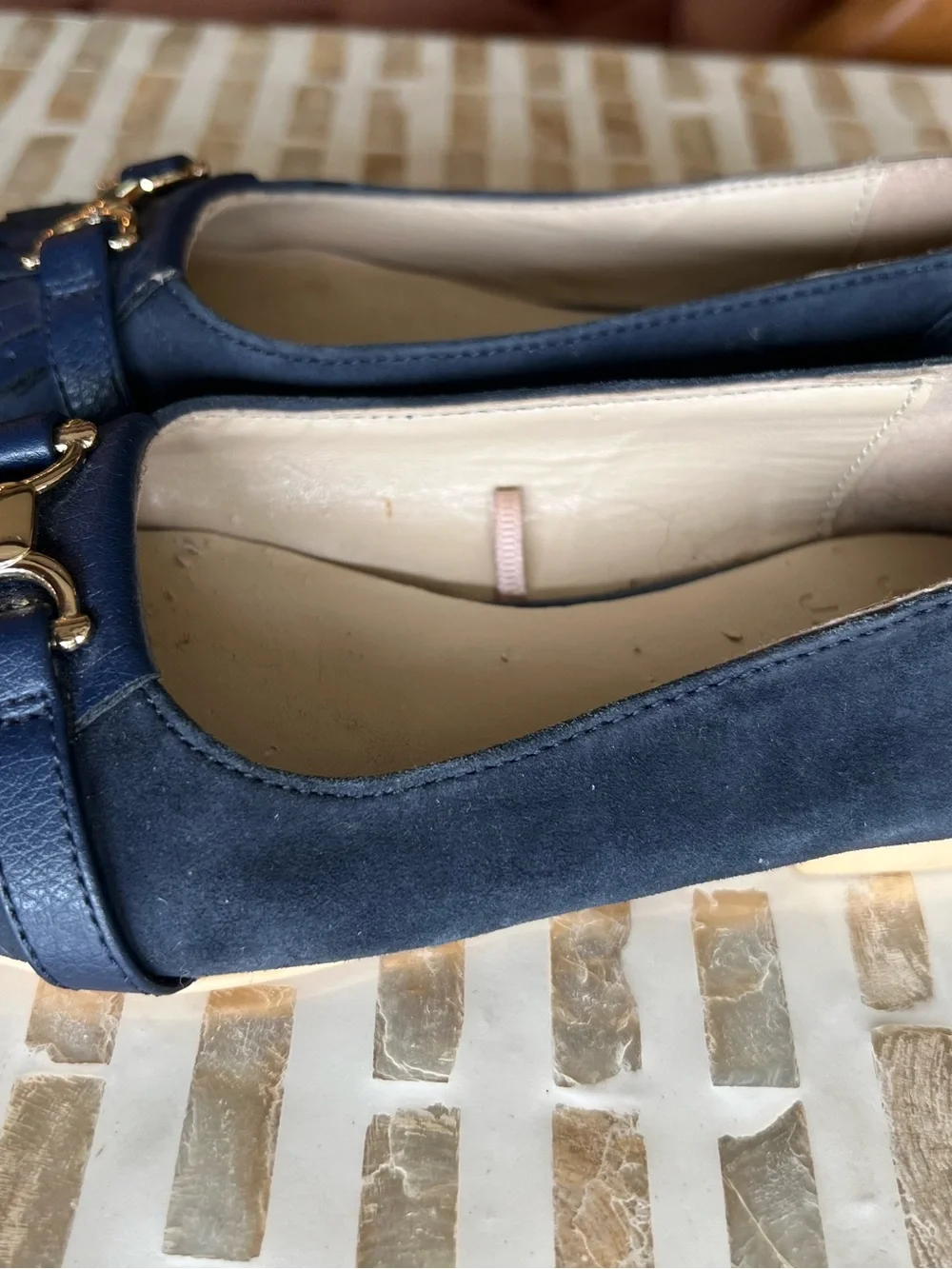 B12 Janie & Jack Blue Suede Fringe Flats Sz 10 Gold Buckle Accent